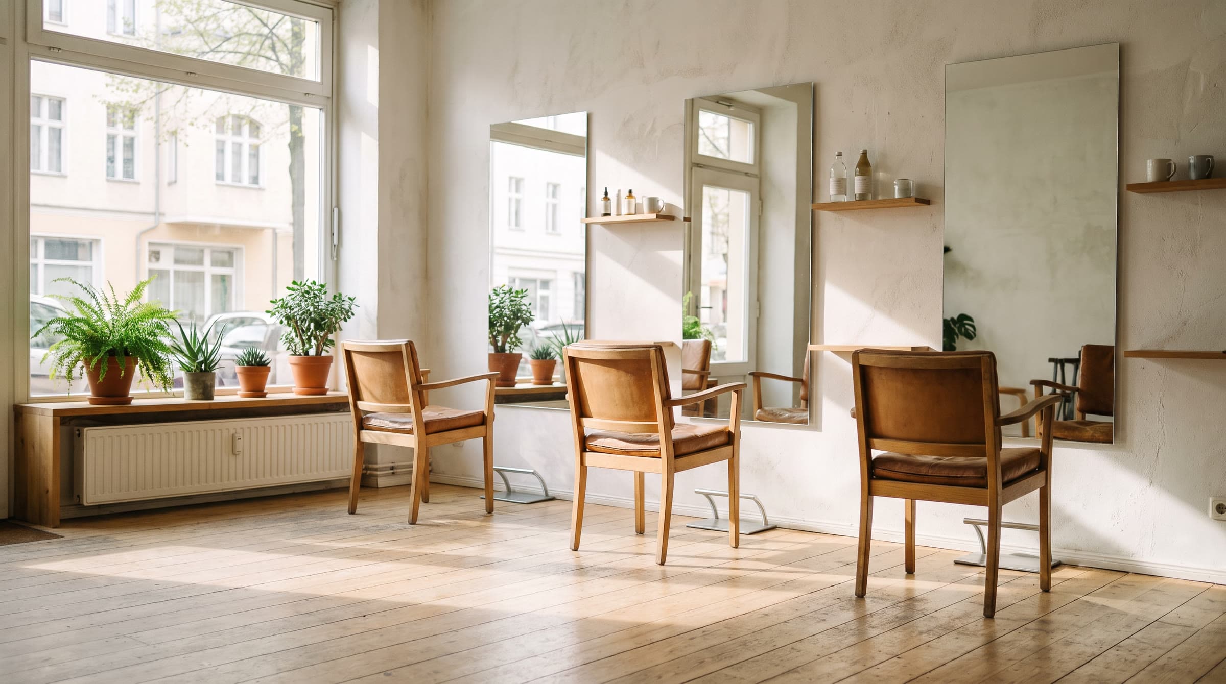 Heller Friseursalon mit Holzboden, drei Stühlen vor großen Spiegeln und Tageslicht durch ein bodentiefes Fenster; der Boden ist frei und schwellenlos.